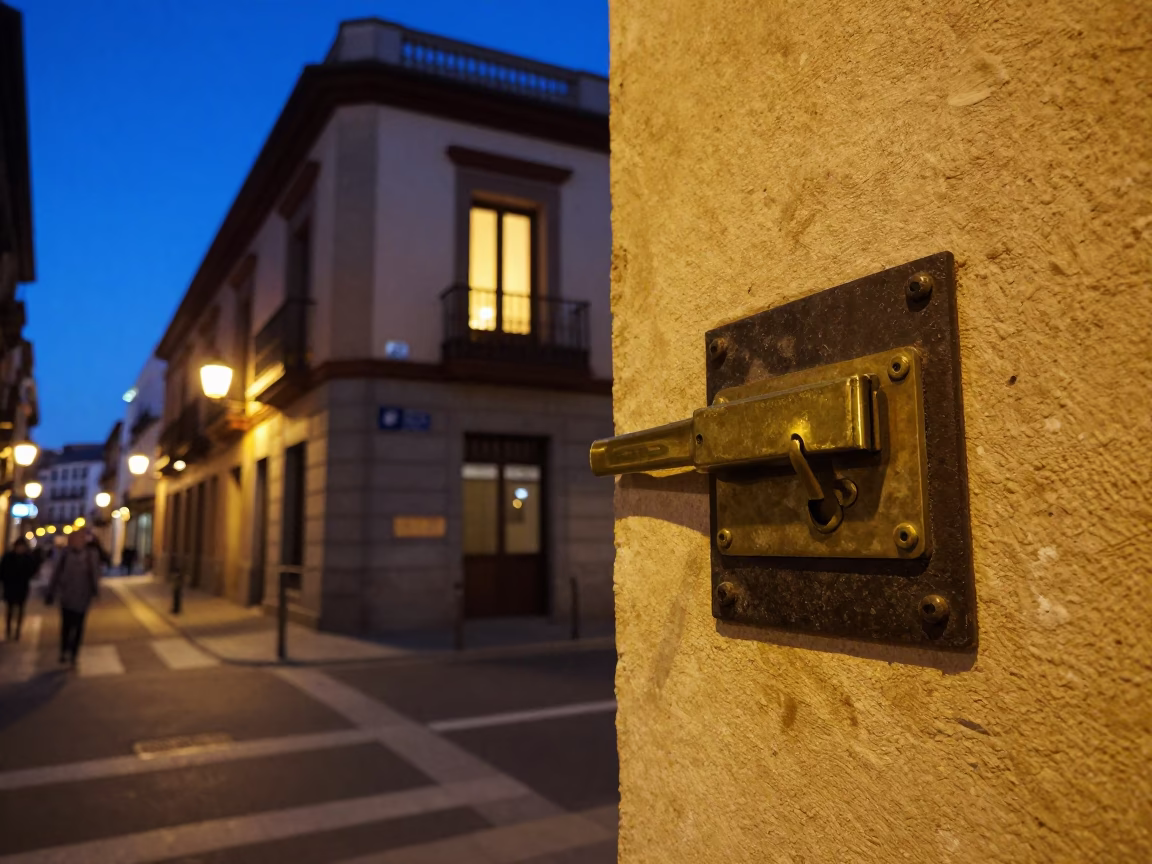 Blue Hour Madrid Street Scene with Brass Latch and Iron Deadbolt Details in in Madrid, Spain