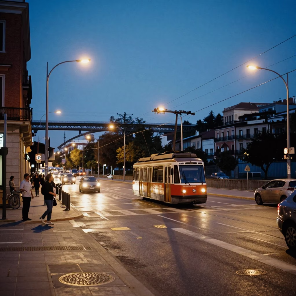 Blue Hour Madrid Street Scene with Cable Car Crossing River Valley in Background in in Madrid, Spain