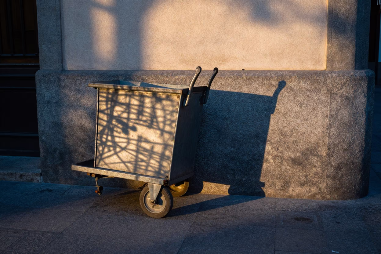 Blue Hour Madrid Street Scene with Caster Wheel and Wicker Shadow in in Madrid, Spain