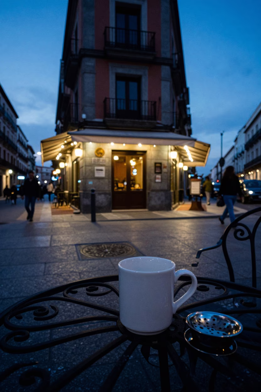 Blue Hour Madrid Street Scene with Ceramic Mug and Sink Strainer in in Madrid, Spain
