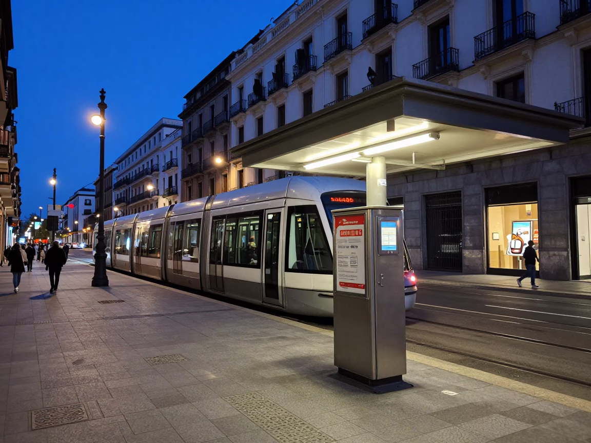 Blue Hour Madrid Street Scene with Monorail and Valet Stand in in Madrid, Spain