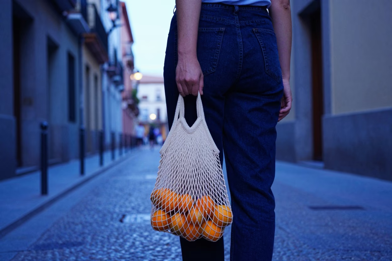 Blue Hour Madrid Street Scene With Nectarines And Spindle Chair in in Madrid, Spain