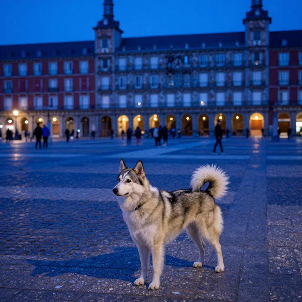 Blue Hour Madrid Street Scene with Norwegian Elkhound and Hydrangea Bush in in Madrid, Spain