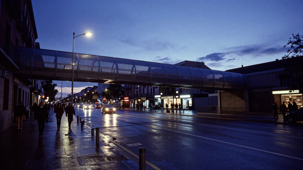 Blue Hour Madrid Street Scene with Pedestrian Overpass and Wet Footsteps in in Madrid, Spain