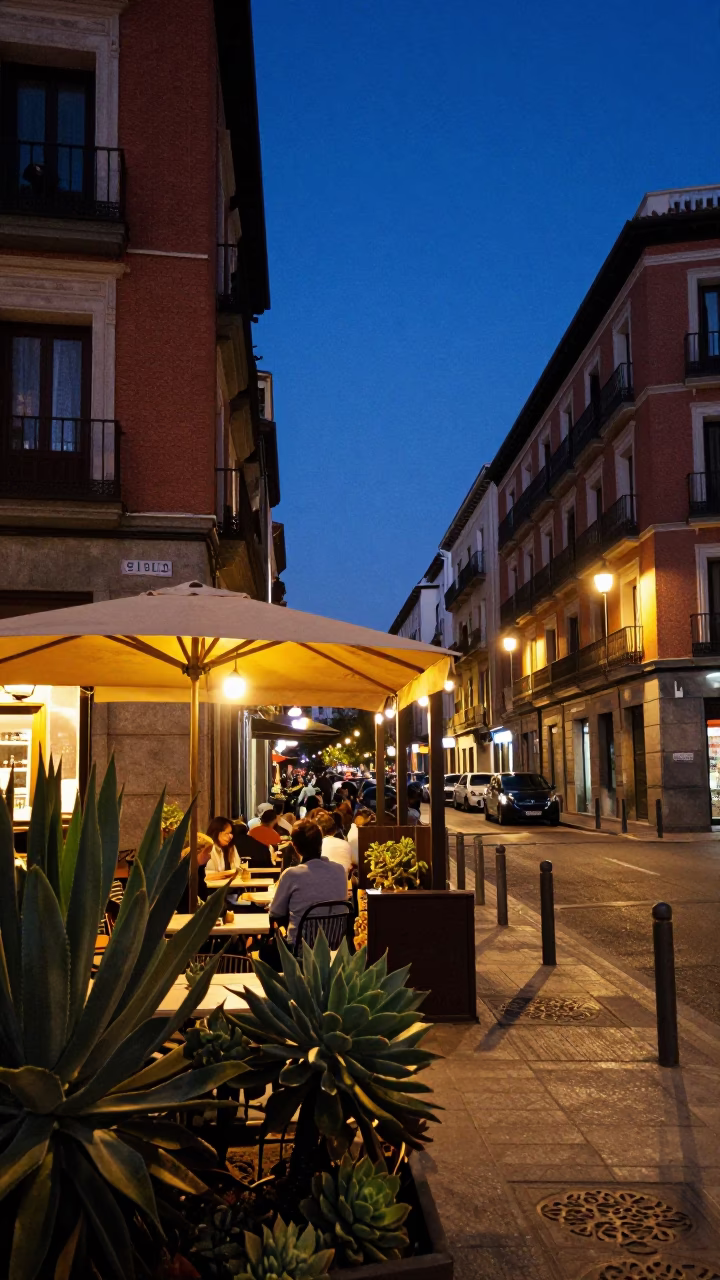 Blue Hour Madrid Street Scene with Succulents and Urban Light in in Madrid, Spain