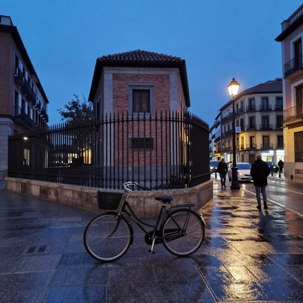 Blue Hour Madrid Street Scene with Vintage Bicycle and Urban Details in in Madrid, Spain