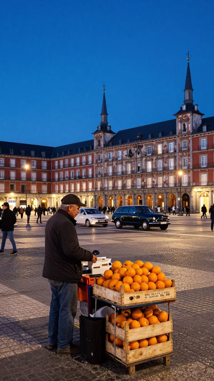 Blue Hour Madrid Street Scene with Vintage Orange Vendor and Classic Mailbox in in Madrid, Spain