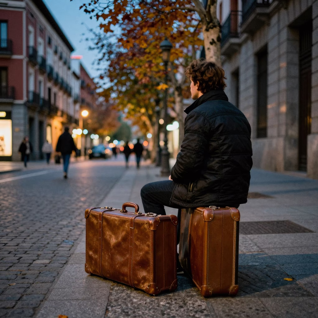 Blue Hour Madrid Street Scene with Vintage Suitcases and Autumn Foliage in in Madrid, Spain