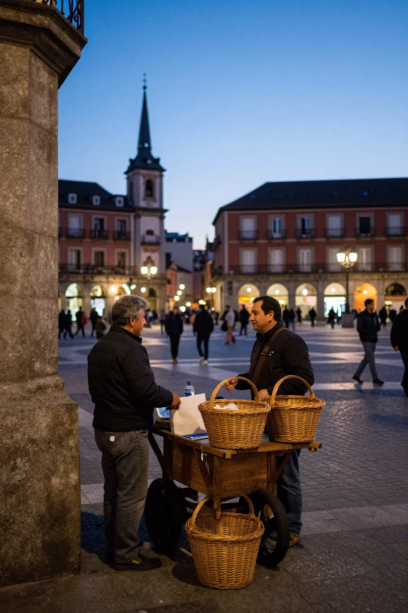 Blue Hour Madrid Street Scene with Wicker Basket and Local Interaction in in Madrid, Spain