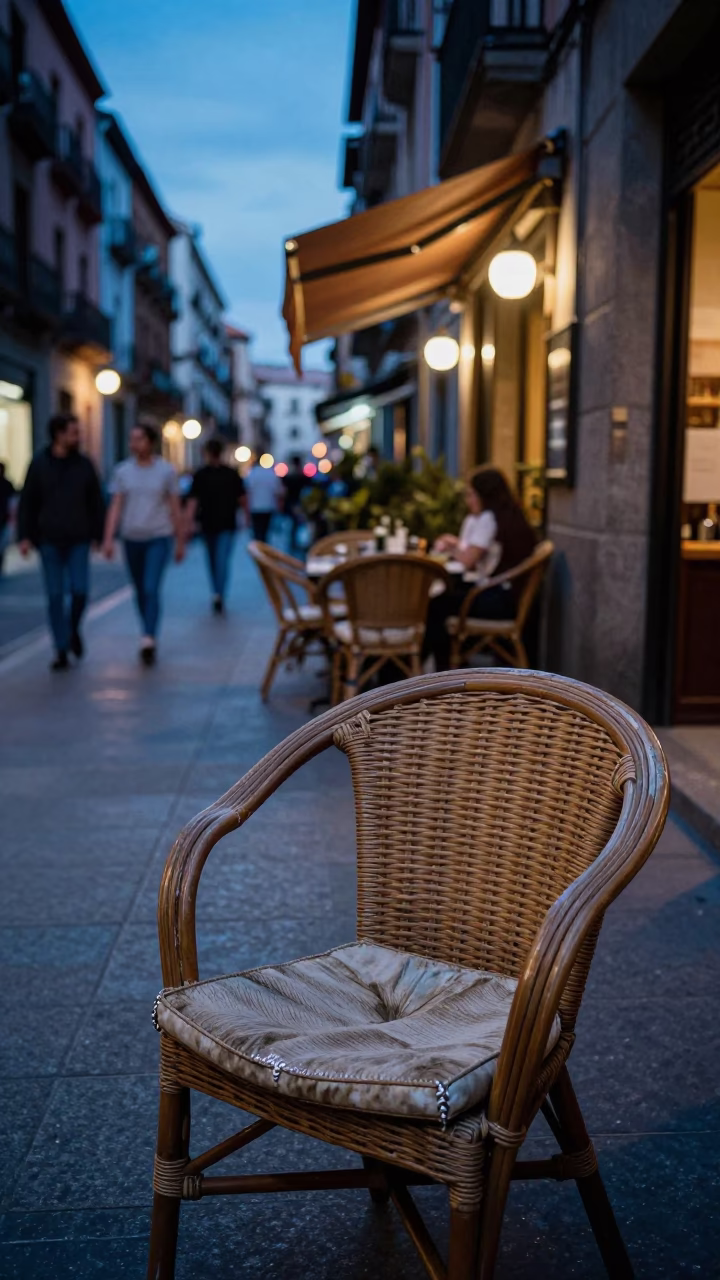 Blue Hour Madrid Street Scene With Worn Cushion Seam And Local Life in in Madrid, Spain