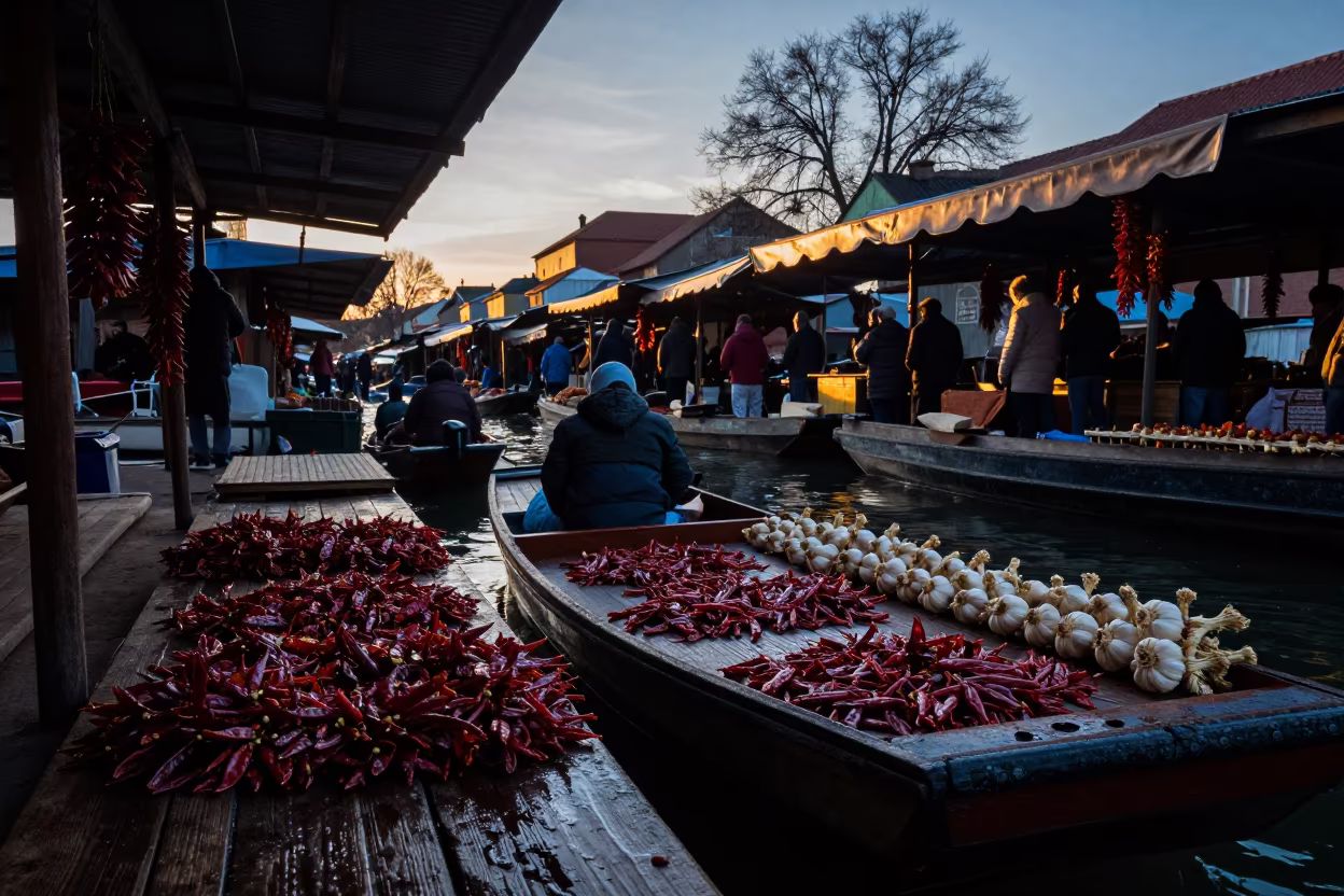 Blue Hour Market Boat Dried Chilies Garlic in at a floating market boat in Opole