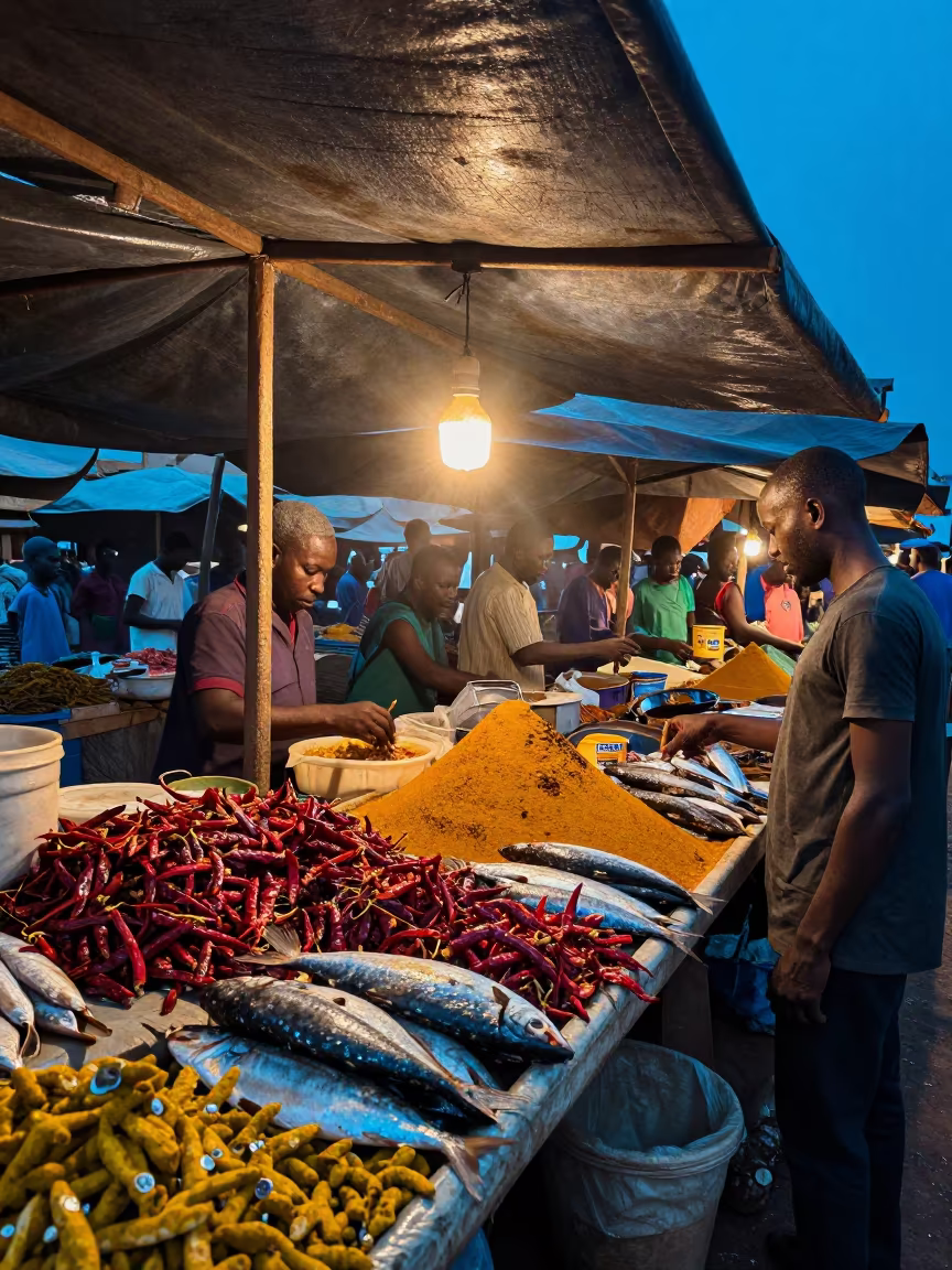 Blue Hour Market Canopy Séguéla Wet Season in beside a fish counter in Séguéla