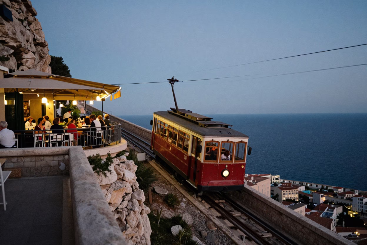 Blue Hour Marseille Funicular Cliffside Restaurant Twilight Scene in in Marseille, France