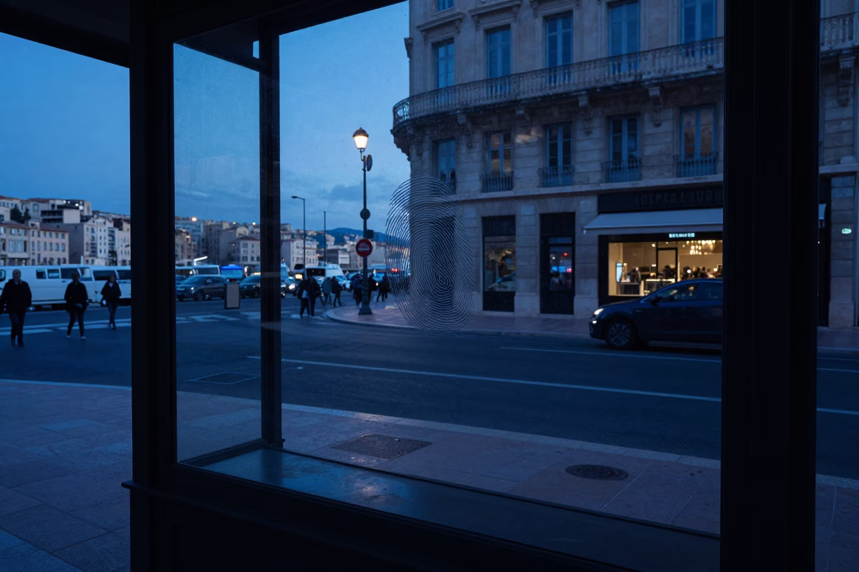 Blue Hour Marseille Street Scene with Fingerprinted Window Glass and Urban Details in in Marseille, France