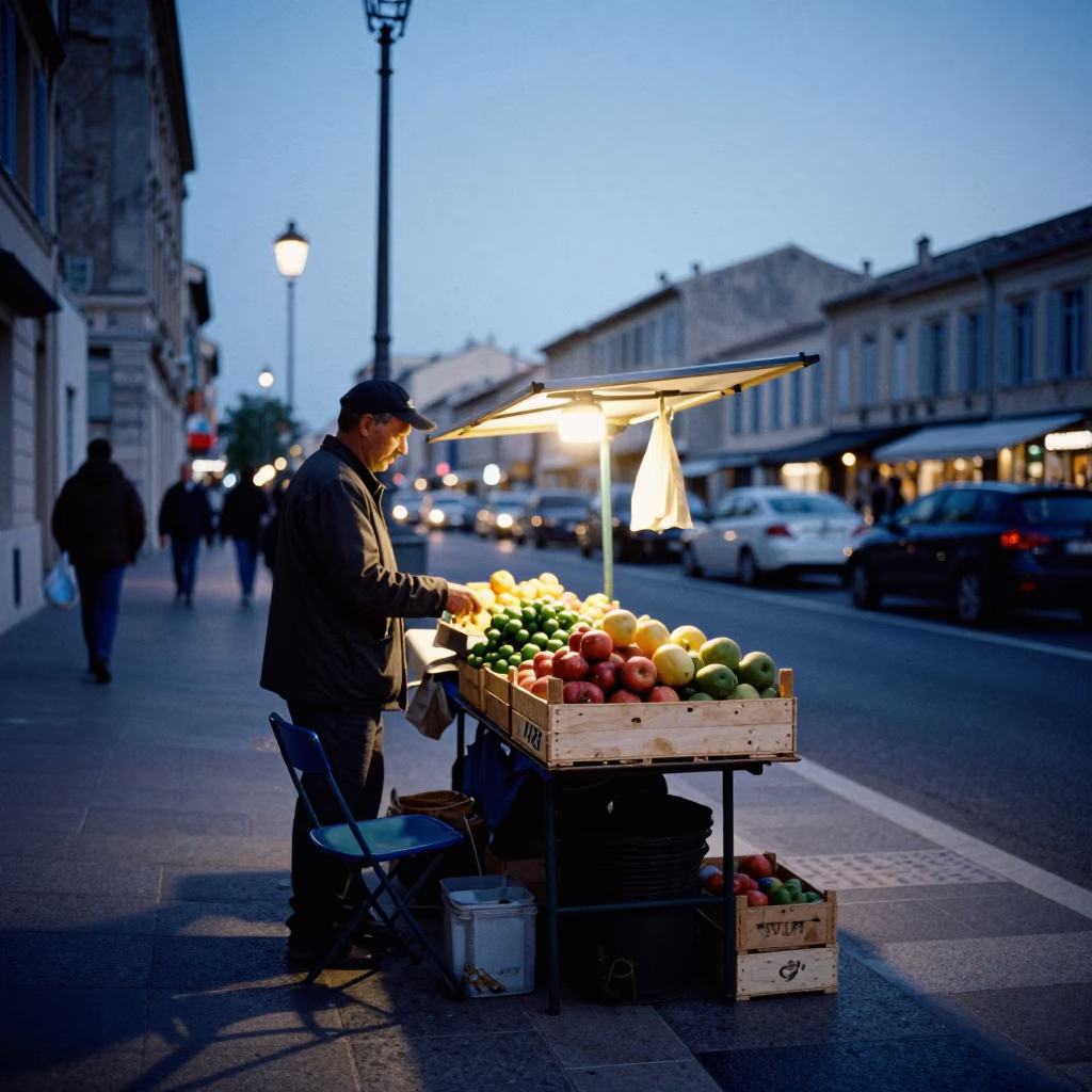 Blue Hour Marseille Street Scene with Fruit Vendor and Folding Chair in in Marseille, France