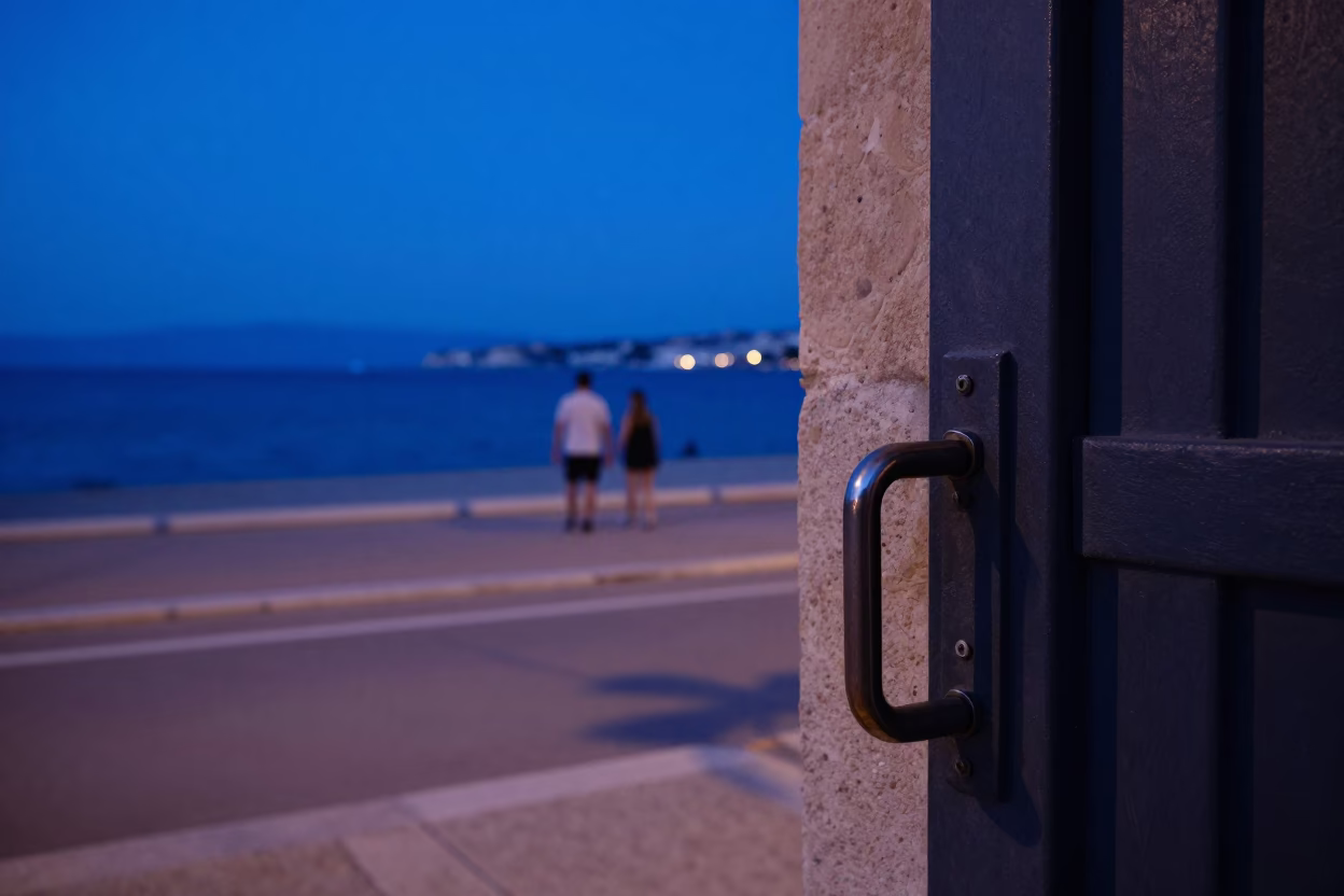 Blue Hour Marseille Street Scene with Gate Handle and Coastal Sand Dunes in in Marseille, France