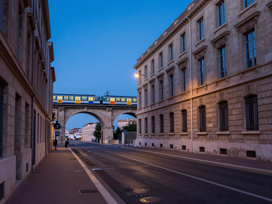 Blue Hour Marseille Street Scene with Railway Viaduct and Passing Train in in Marseille, France