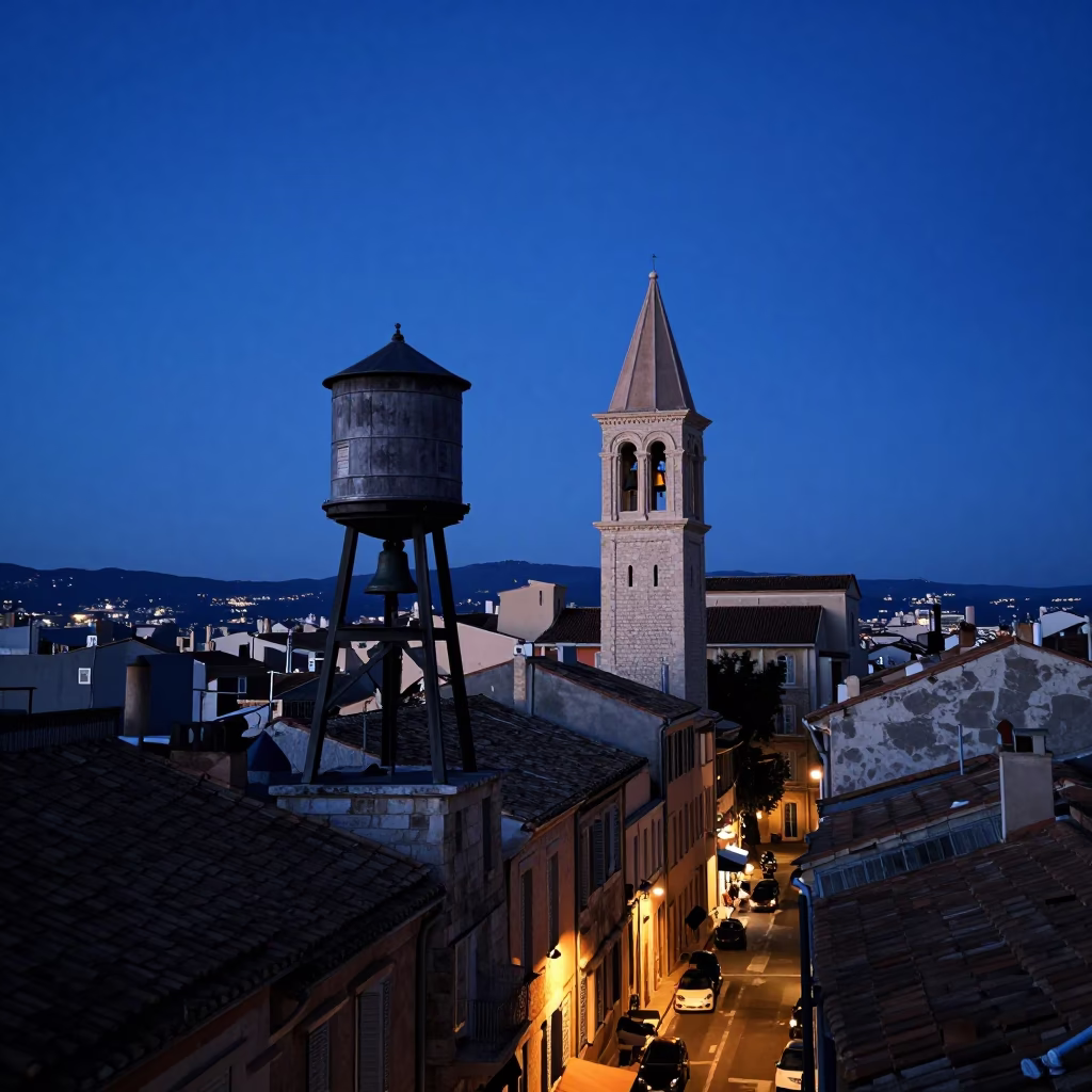 Blue Hour Marseille Street Scene with Rooftop Water Tower and Bell Tower in in Marseille, France