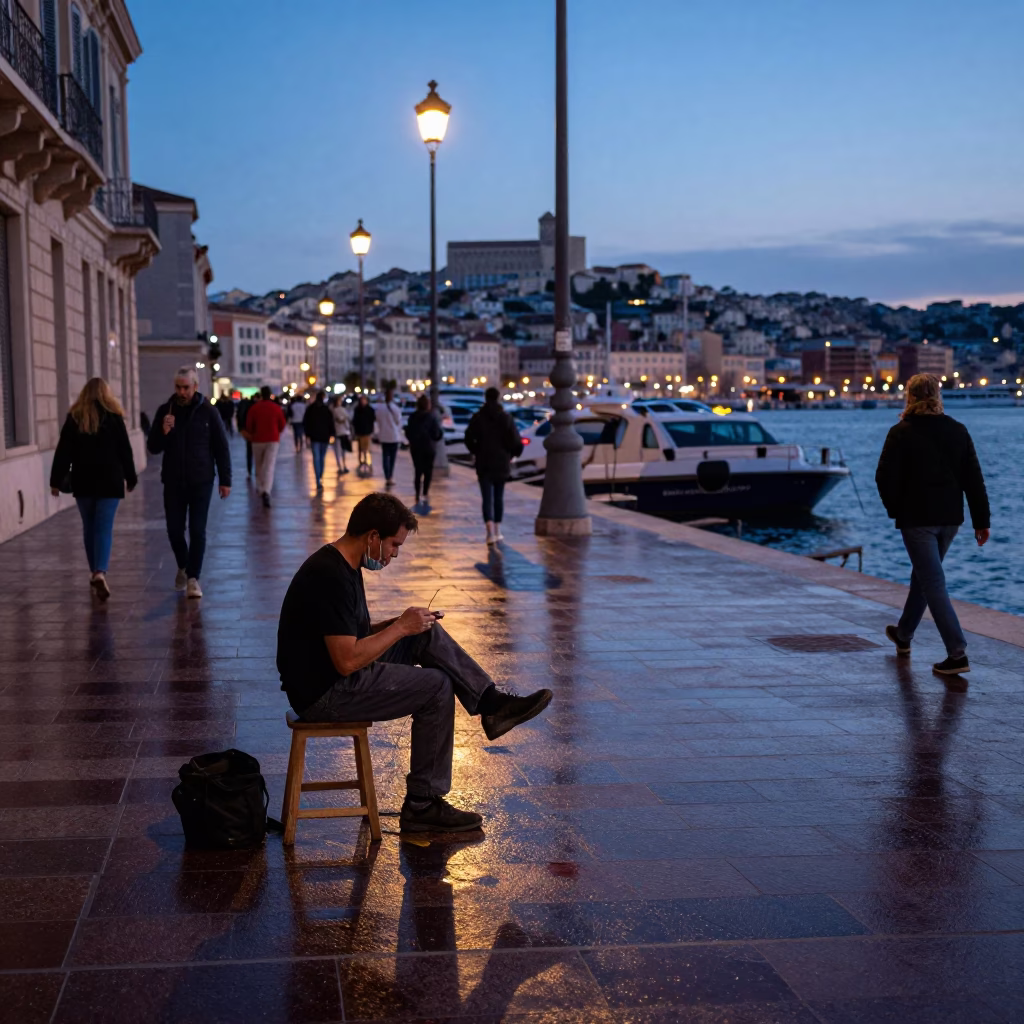 Blue Hour Marseille Street Scene with Shoe Shiner and Busy Sidewalk Pedestrians in in Marseille, France