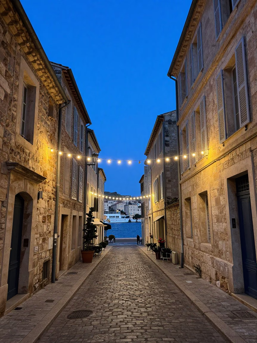Blue Hour Marseille Street Scene with String Lights and Local Life in in Marseille, France