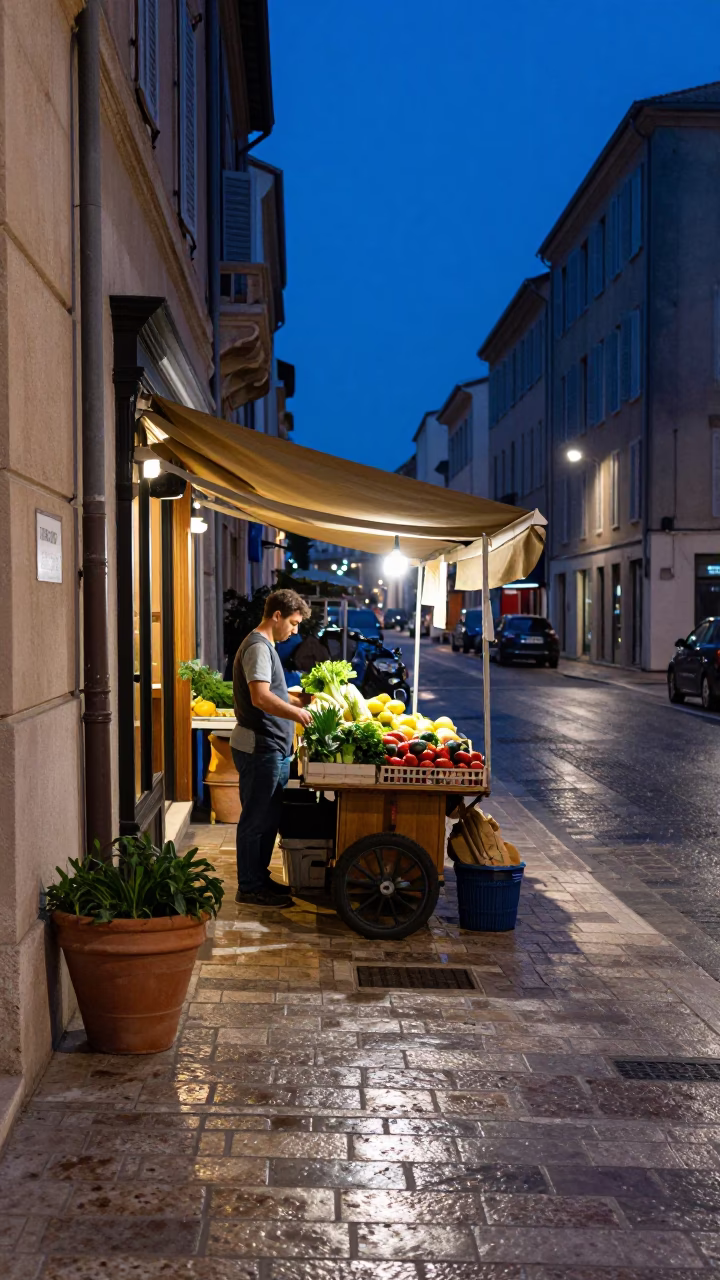 Blue Hour Marseille Street Scene with Terracotta Pot and Local Market Activity in in Marseille, France