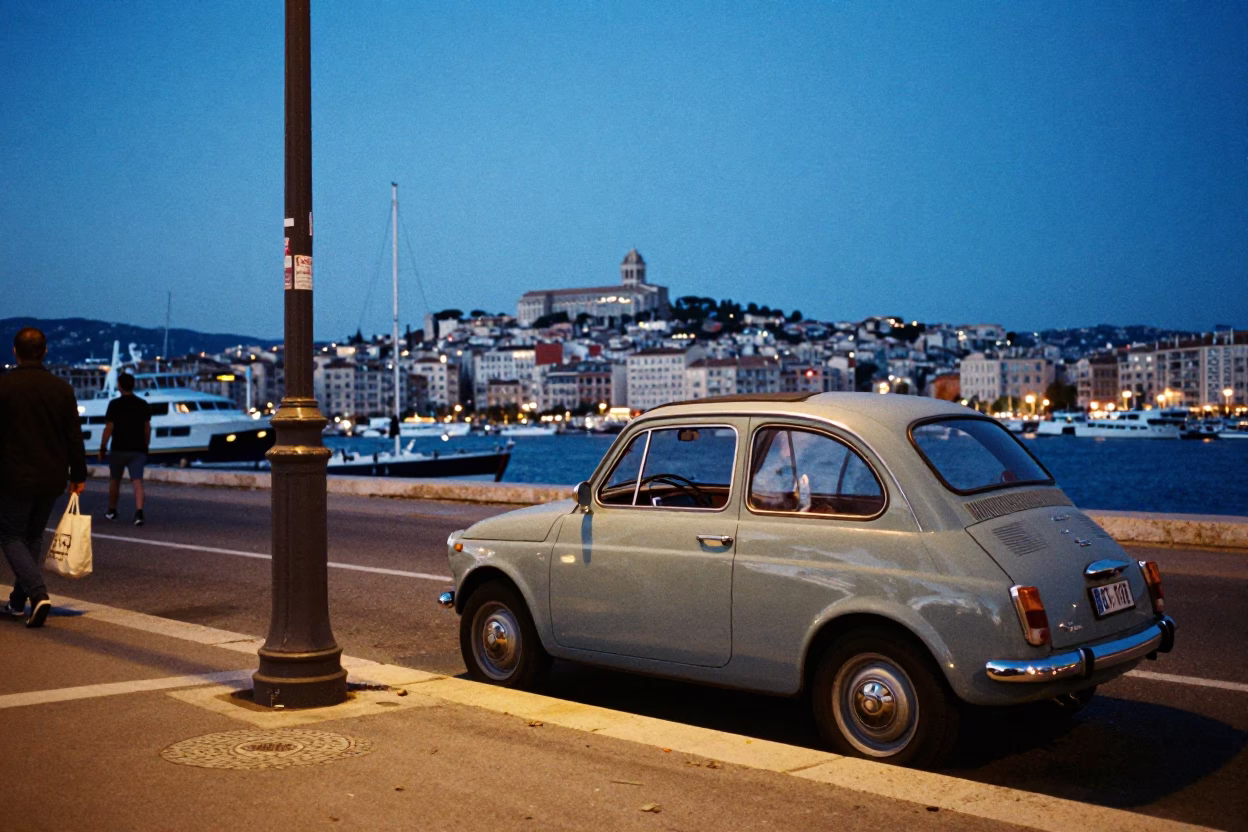 Blue Hour Marseille Street Scene with Vintage 1970s Car and City Lights in in Marseille, France