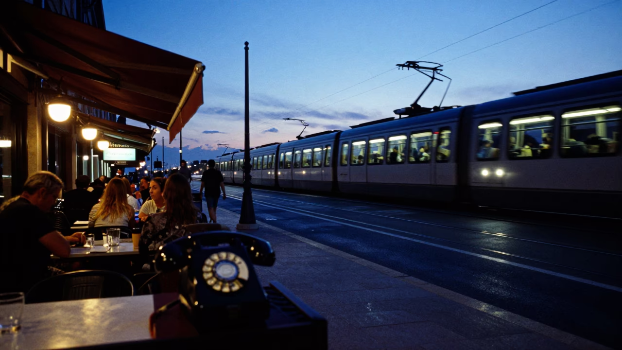 Blue Hour Marseille Street Scene with Vintage Bakelite Telephone and Monorail in in Marseille, France