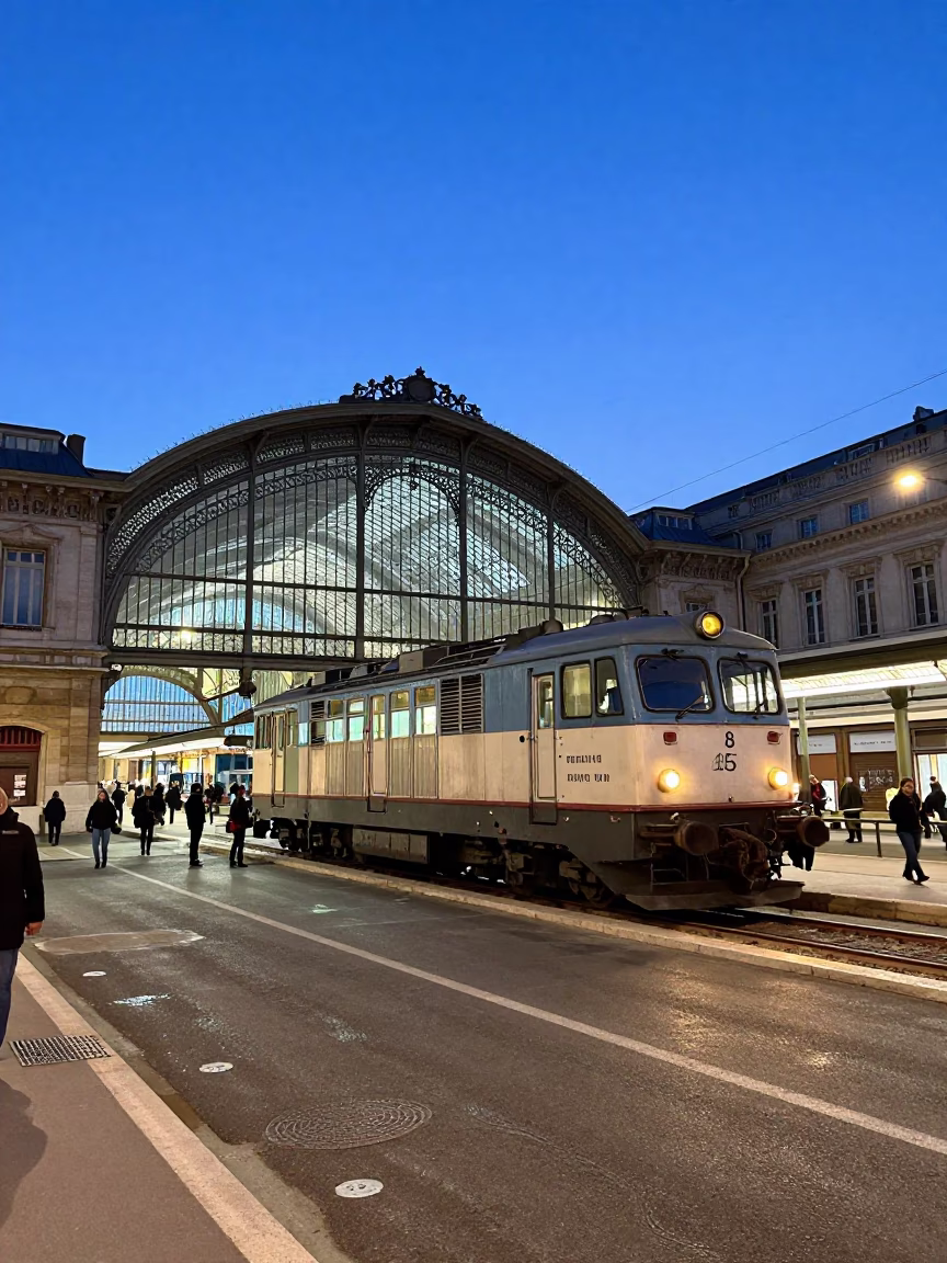Blue Hour Marseille Street Scene with Vintage Locomotive and Glass Station Roof in in Marseille, France