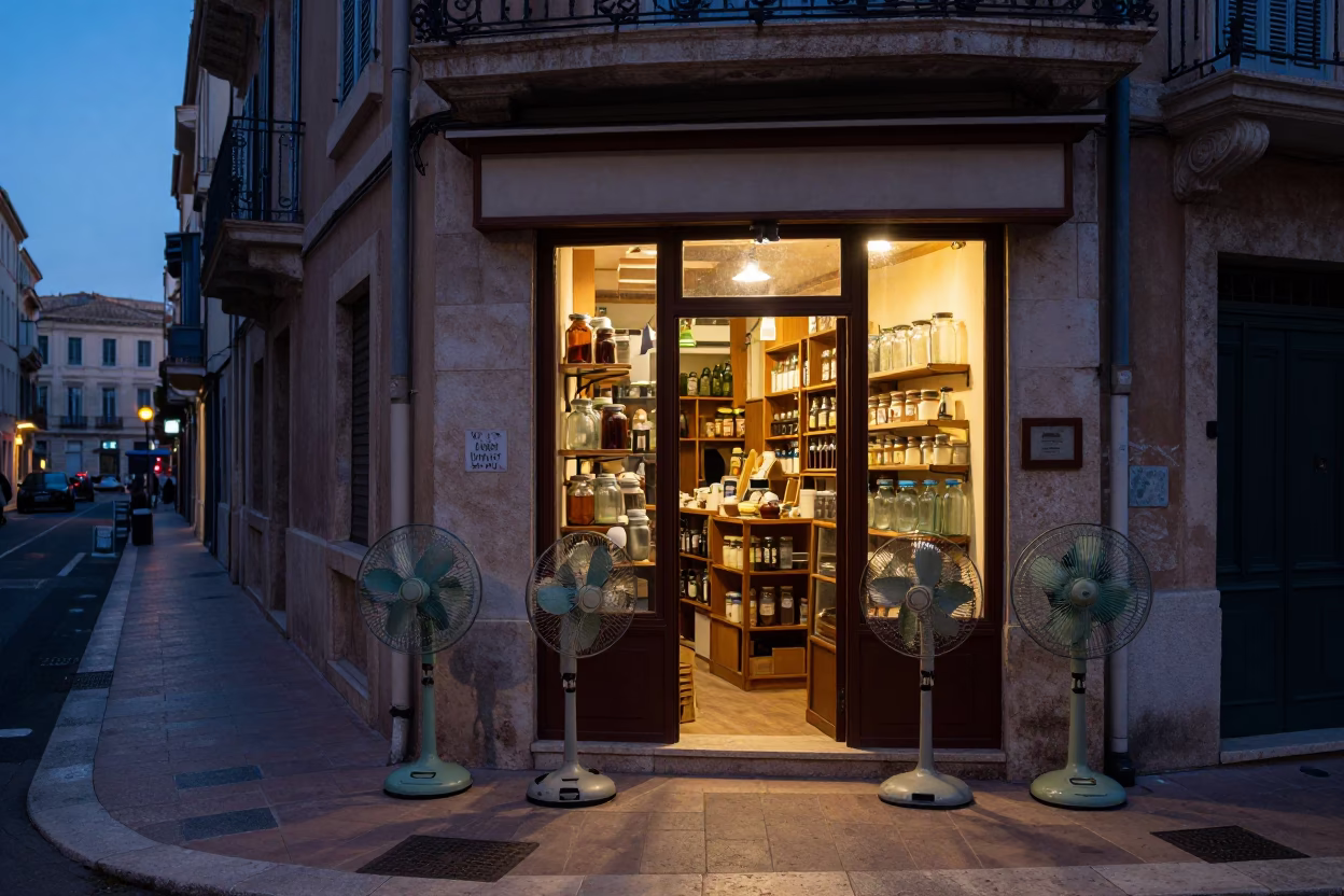 Blue Hour Marseille Street Scene with Vintage Table Fans and Glass Jars in in Marseille, France
