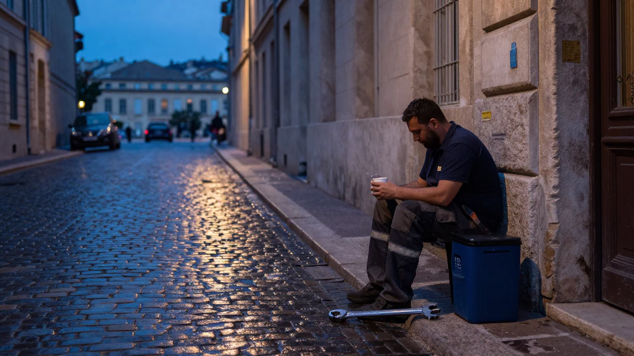 Blue Hour Marseille Street Scene with Wrench and Coffee Break in in Marseille, France