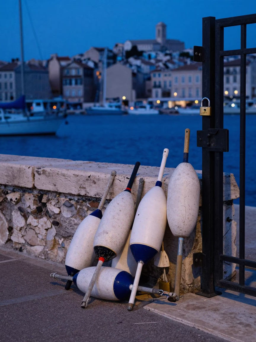Blue Hour Marseille Vieux Port Fishing Floats and Harbor Gate Padlock in in Marseille, France