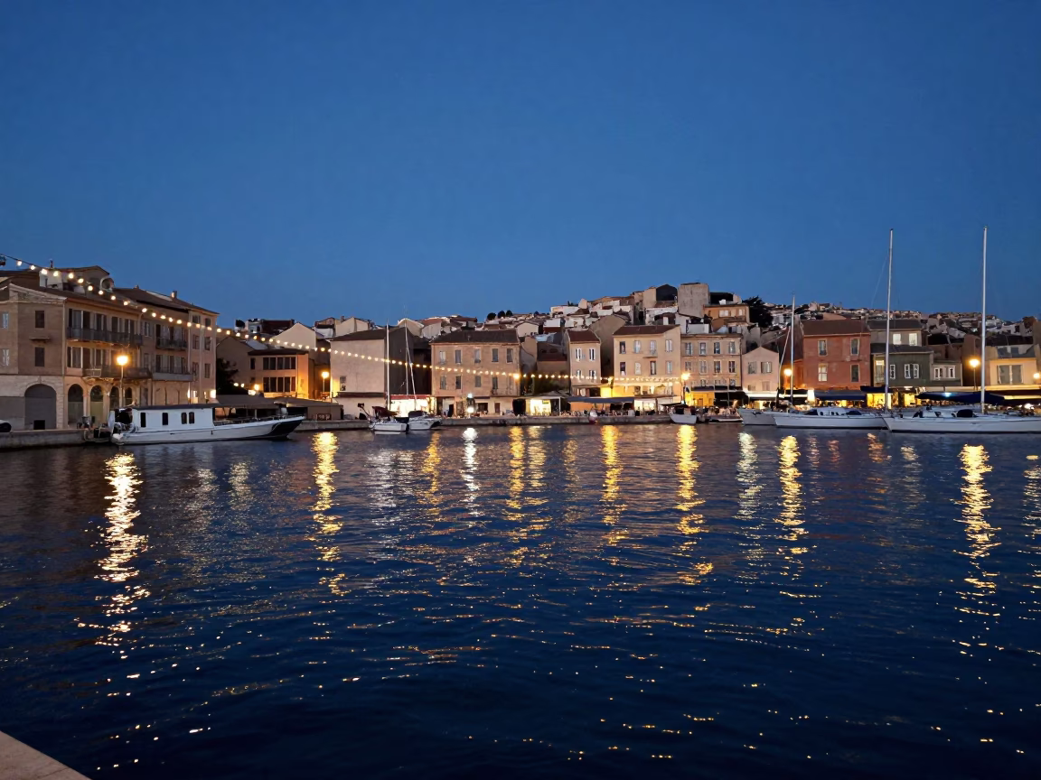 Blue Hour Marseille Vieux Port String Lights Reflections on Choppy Water and Bridge Piers in in Marseille, France