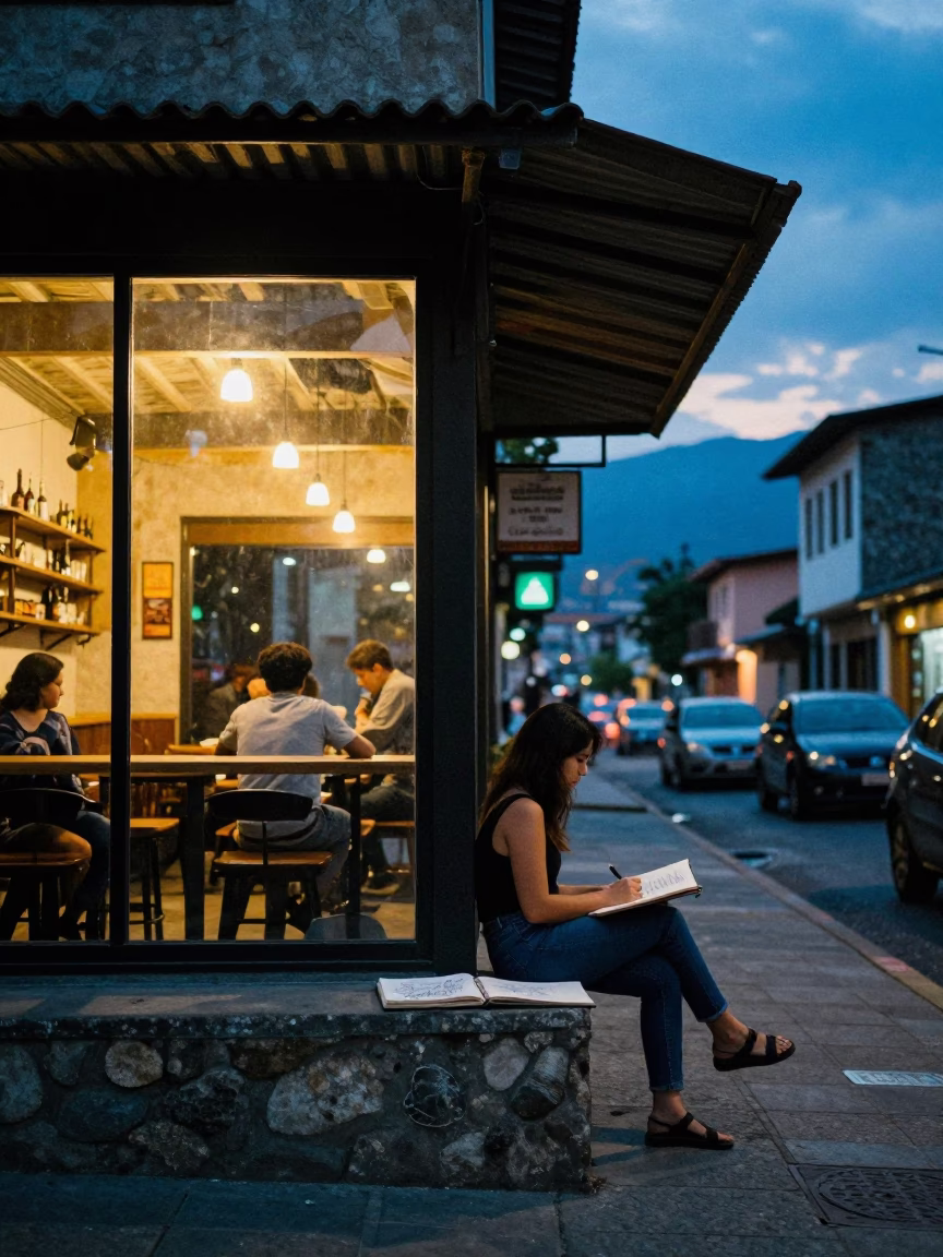 Blue Hour Medellin Street Scene with Glass and Sketchbook in in Medellin, Colombia