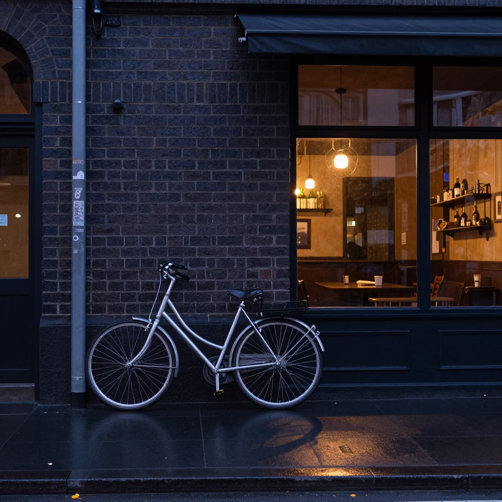 Blue Hour Melbourne Street Scene with Bicycle Leaning Against Cafe Exterior in in Melbourne, Victoria, Australia