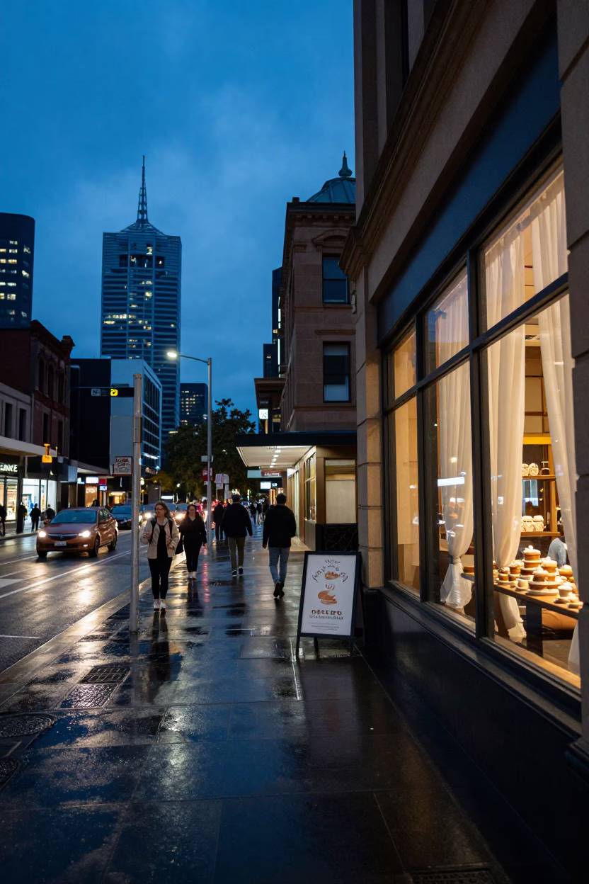 Blue Hour Melbourne Street Scene with Cafe Pastries and Window Curtains in in Melbourne, Victoria, Australia