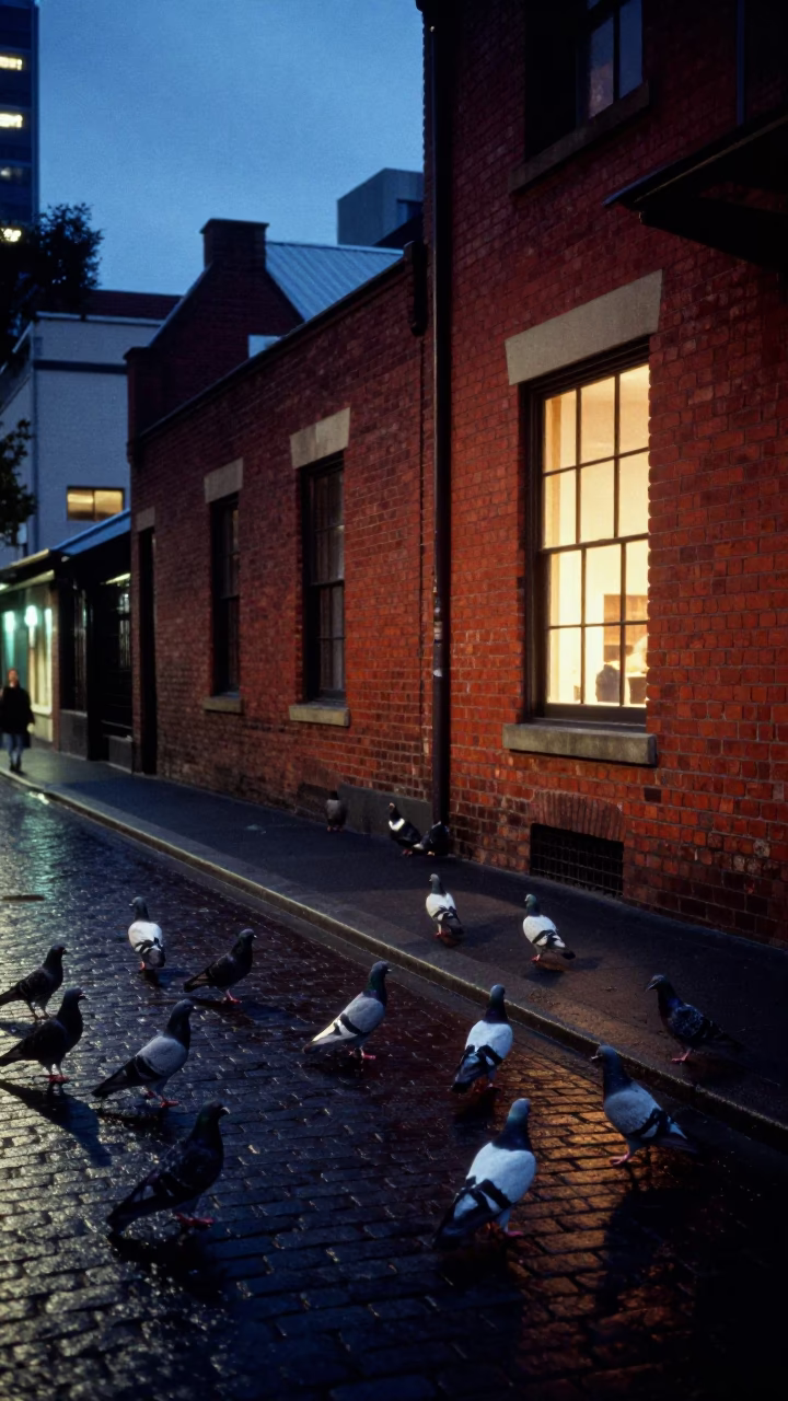 Blue Hour Melbourne Street Scene with Pigeons and Warm Window Light in in Melbourne, Victoria, Australia