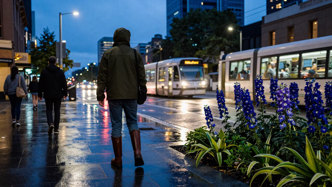 Blue Hour Melbourne Street Scene with Rain Boots and Garden Delphiniums in in Melbourne, Victoria, Australia