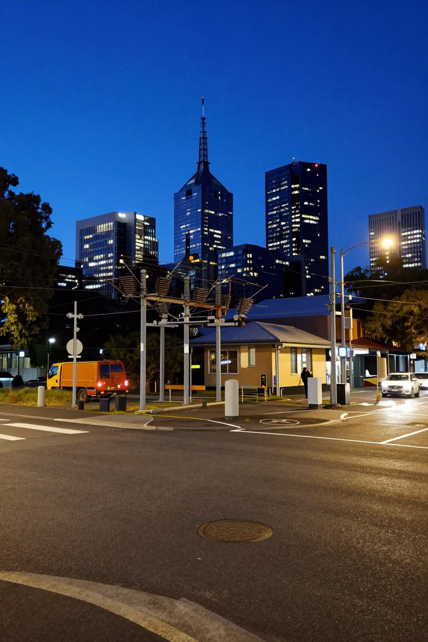 Blue Hour Melbourne Street Scene with Substation Busbars and City Lights in in Melbourne, Victoria, Australia