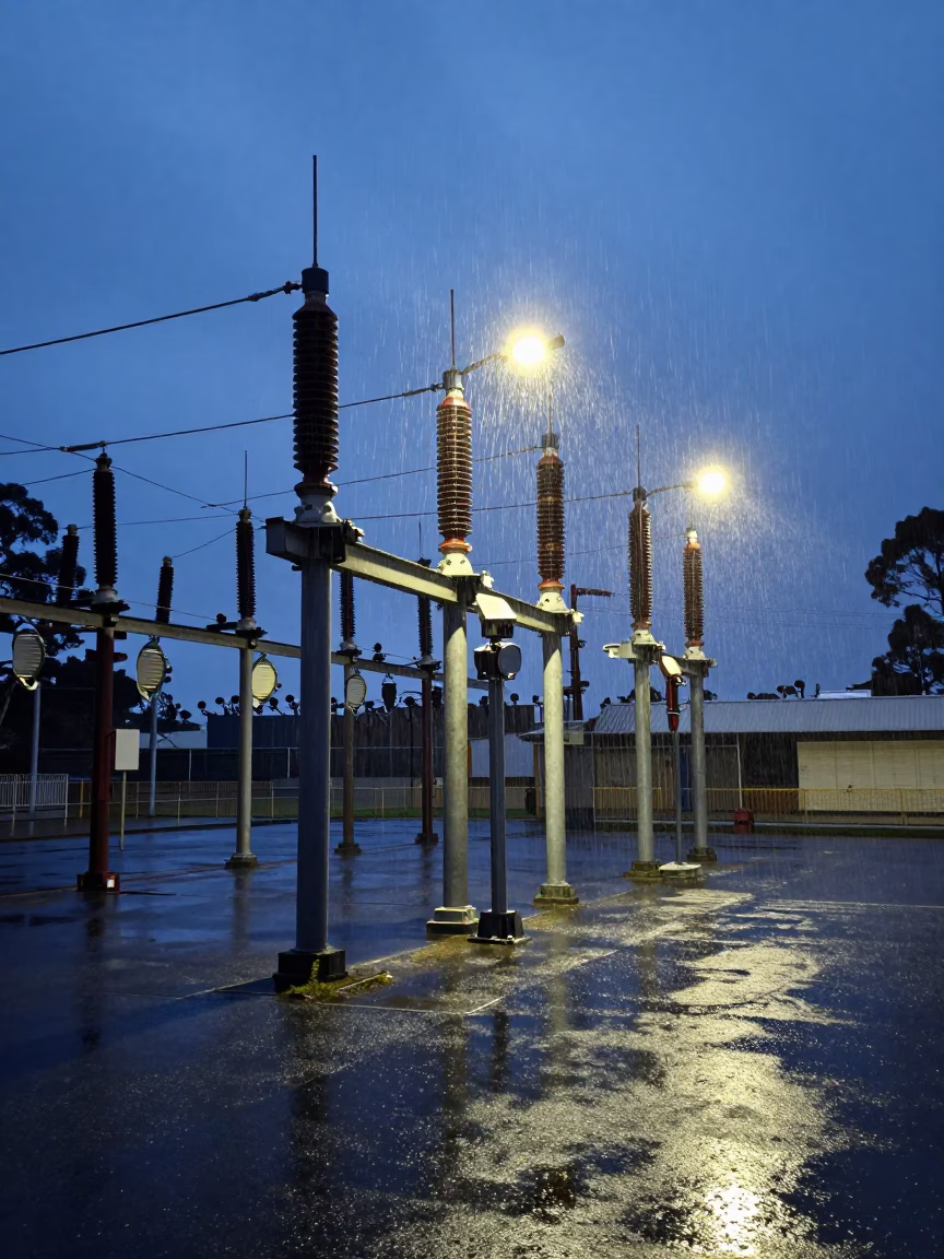 Blue Hour Melbourne Substation Insulators Sparkling Under Floodlights Rain in in Melbourne, Victoria, Australia
