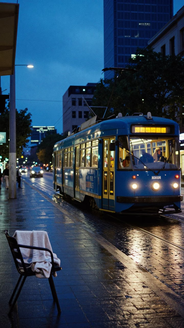 Blue Hour Melbourne Tram Street Scene with Towel and Chair in in Melbourne, Victoria, Australia