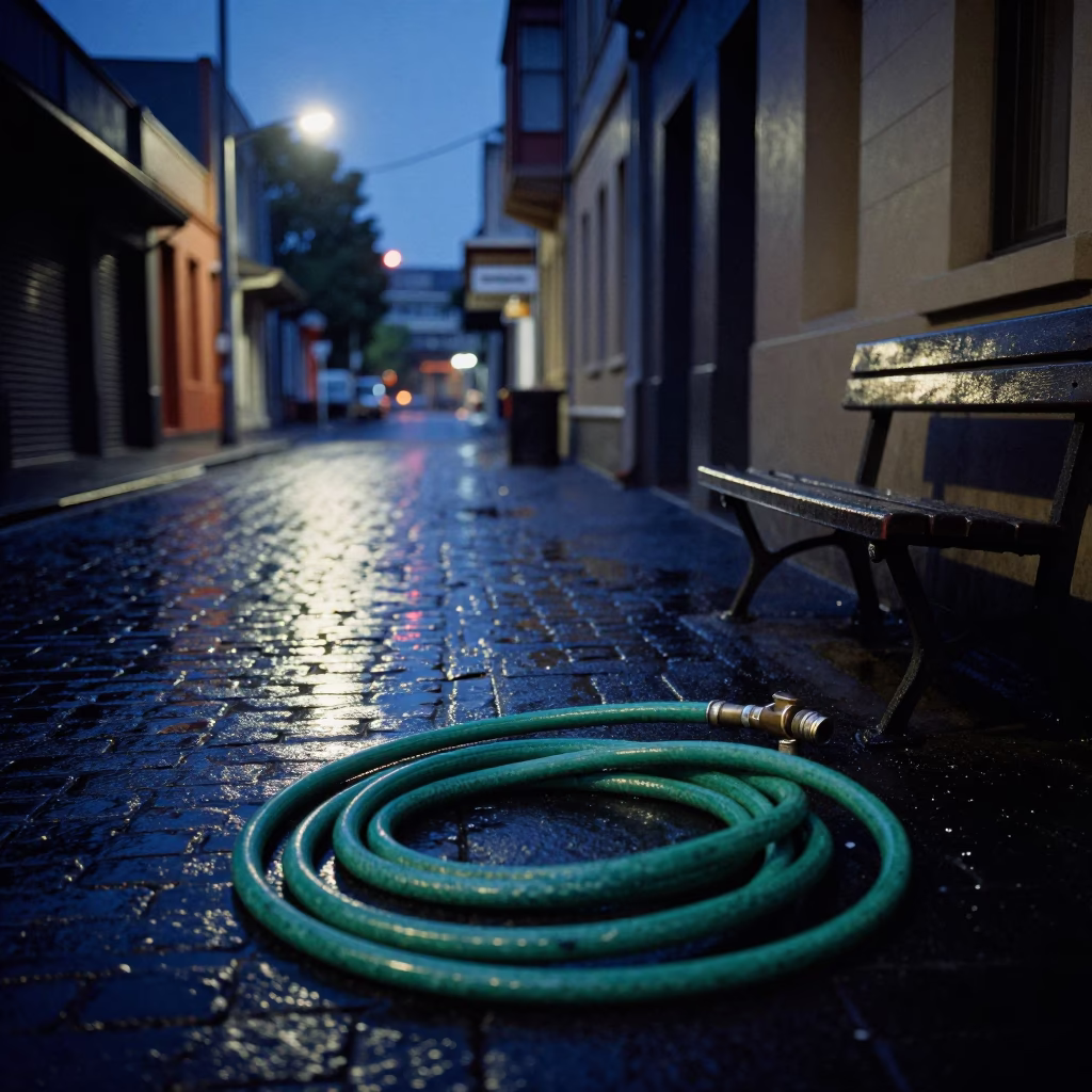 Blue Hour Melbourne Victoria Street Scene with Garden Hose and Bench in in Melbourne, Victoria, Australia