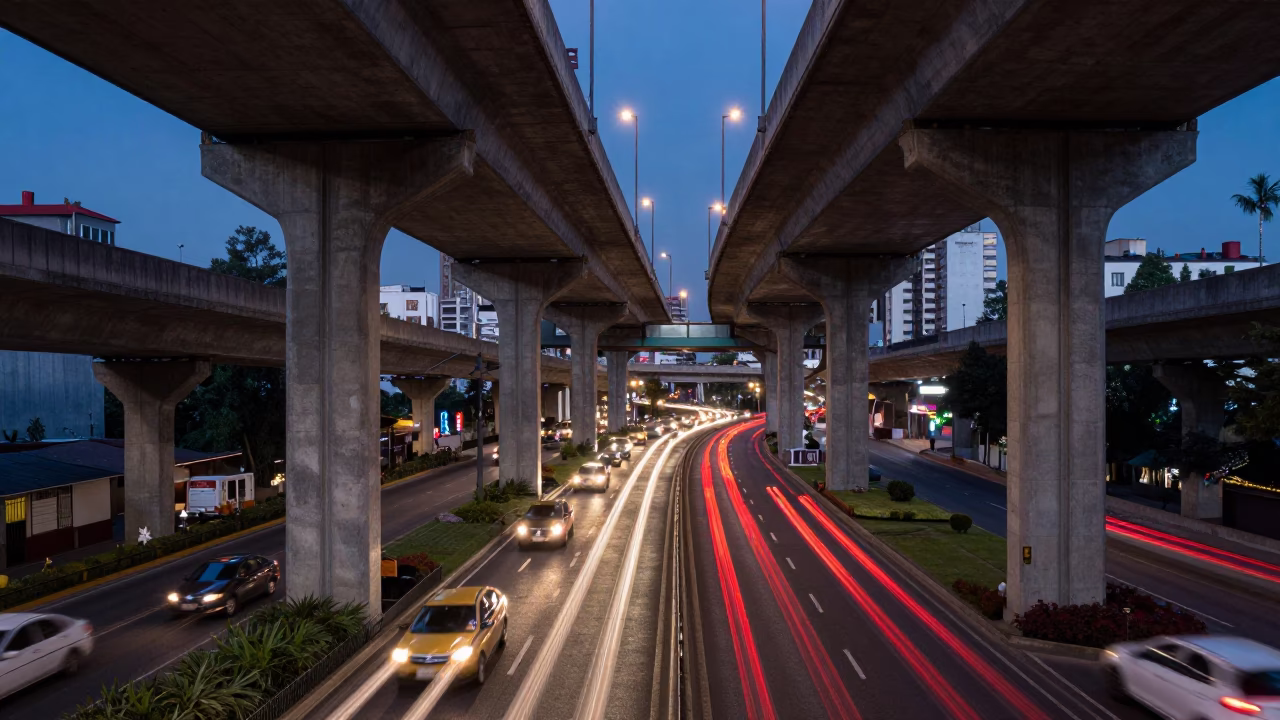 Blue Hour Mexico City Overpass Interchange with Taillight Streaks and Urban Traffic Flow in in Mexico City, Mexico