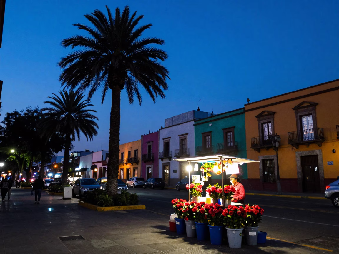 Blue Hour Mexico City Street Scene with Palm Tree Silhouette and Colorful Market Stalls in in Mexico City, Mexico