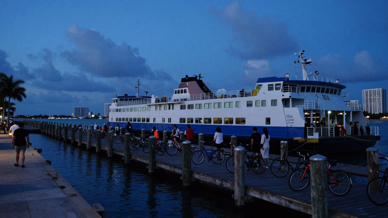 Blue Hour Miami Florida Ferry Dock Scene with Passengers and Bicycles in in Miami, Florida, United States