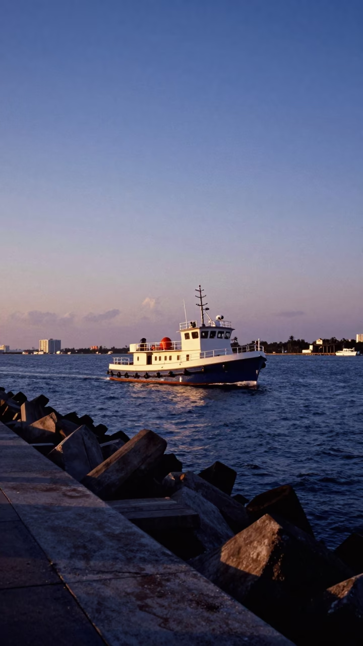 Blue Hour Miami Harbor Before Dawn with Pilot Boat and Breakwater Skyline in in Miami, Florida, United States