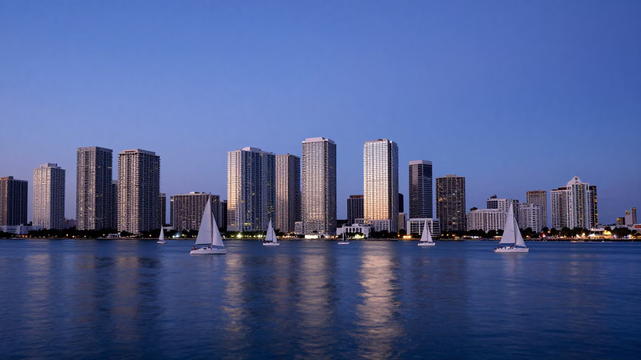 Blue Hour Miami Skyline and Sailboats at Biscayne Bay in in Miami, Florida, United States