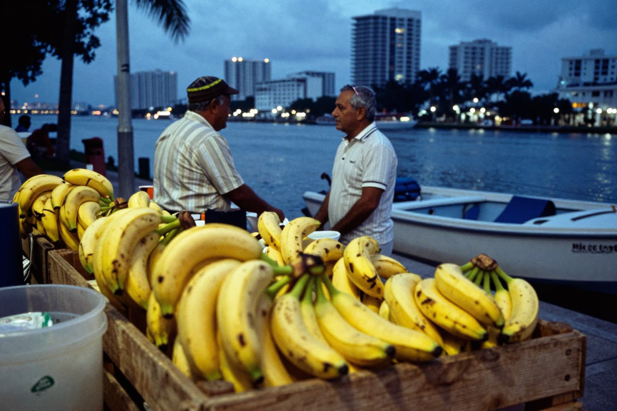 Blue Hour Miami Street Scene with Banana Vendor and Anchored Boat in in Miami, Florida, United States