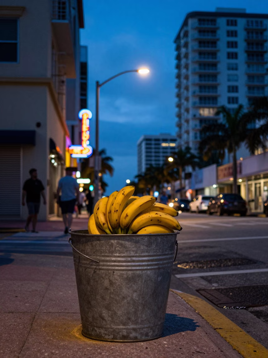 Blue Hour Miami Street Scene with Bananas and Metal Bucket at Night in in Miami, Florida, United States