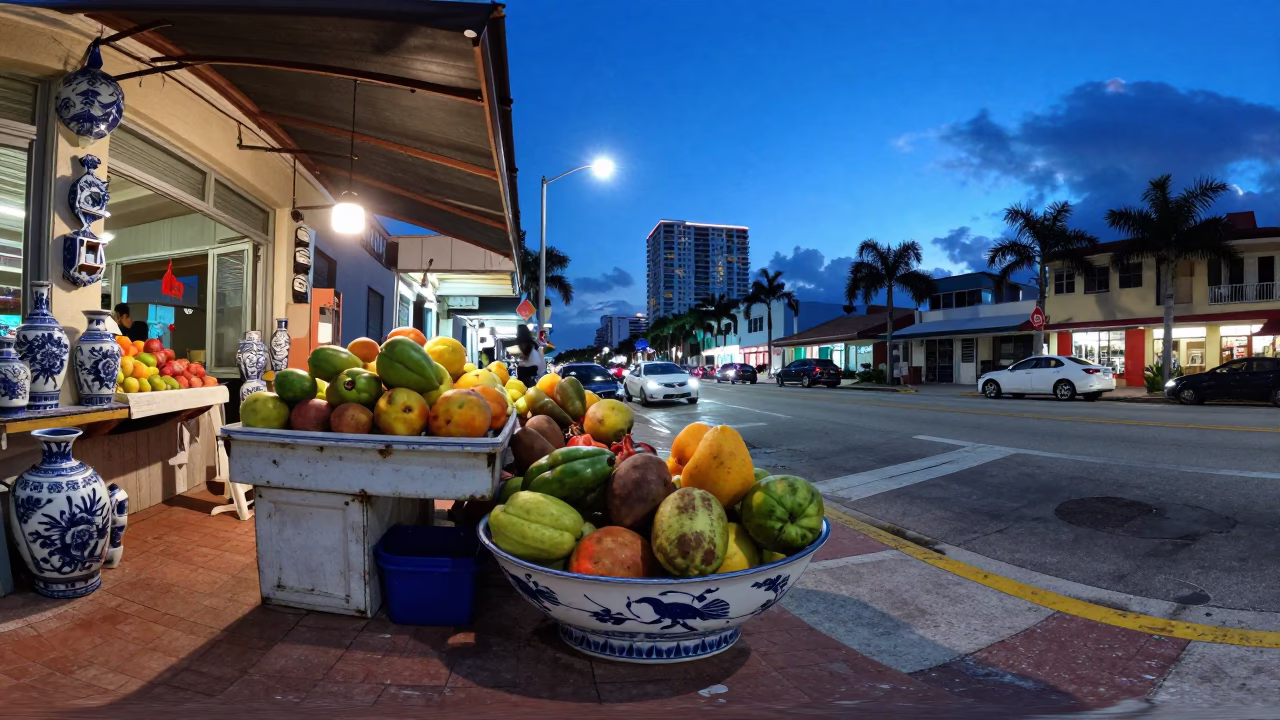 Blue Hour Miami Street Scene with Fruit Stand and Porcelain Details in in Miami, Florida, United States
