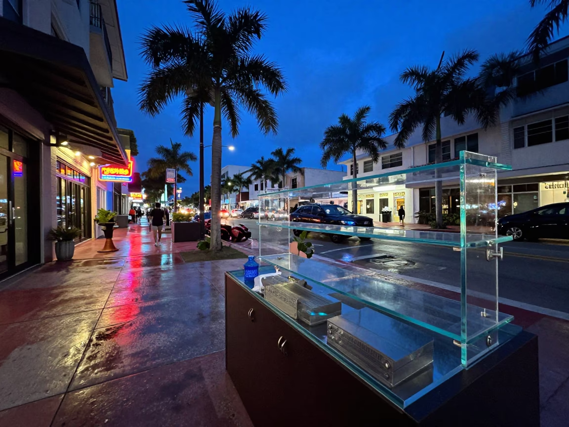 Blue Hour Miami Street Scene with Glass Tabletop and Clear Shelf Bracket in in Miami, Florida, United States